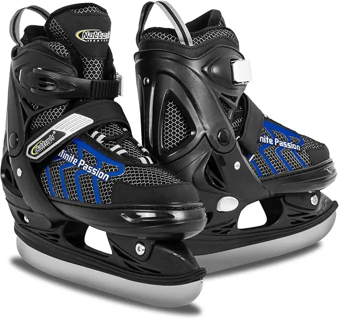 Nattork Adjustable Kids Ice Hockey Skates - Soft Padding, Reinforced Ankle Support, Stainless Steel Blades for Boys & Girls